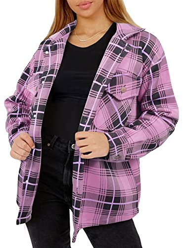 A2Z Ladies Jacket Checked Shacket Shirt Button Down Oversize Top Coat - Jacket JK37 Lilac S