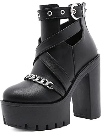 WOkismD Fashion Chain Goth Plateaustiefel für Damen Schnürstiefeletten mit grobem Absatz und Nieten für Kampf-Motorrad-Stiefeletten mit Ausschnitt Bequeme Freizeitschuhe für die Arbeit,Schwarz,35