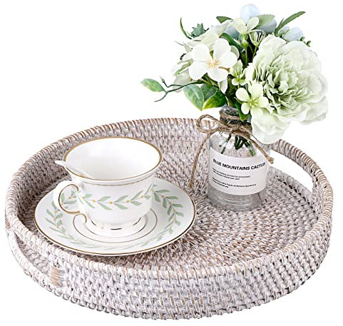 Hipiwe Round Rattan Serving Tray with Handles Hand-Woven Wicker Tray Decorative Candle Organizer Tray for Storage Breakfast Drinks Snack, Coffee Table Centerpiece Basket Tray Large