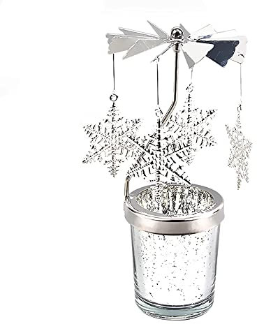 Surakey Windlicht Teelichtkarussel aus Glas Teelichthalter,Silber Karussell Teelichter Kerzenhalter,Motiv Schneeflocke Windlichter Teelicht Kerzen Halter Geschenk Dekoration für Hochzeit,Weihnachten