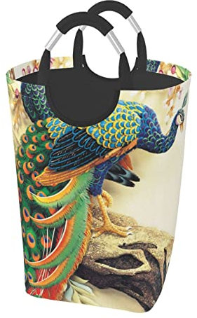 Orientalischer Wäschekorb, Pfauen-Design auf Blumenbaum, freistehend, zusammenklappbar, groß, mit Griff für Schlafzimmer, Badezimmer