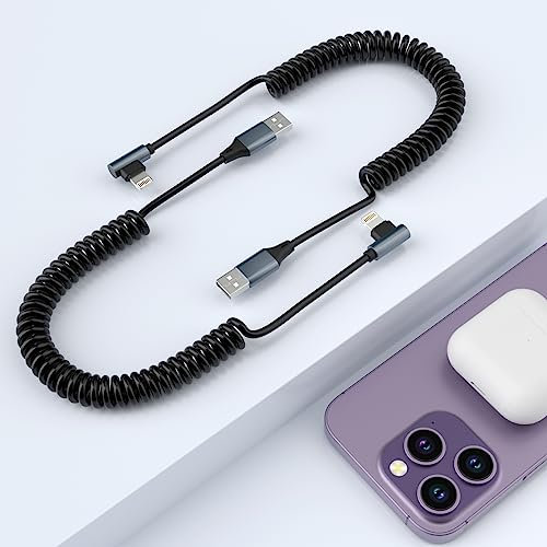 2 Pack iPhone Charger Cable for Car, 90 Degree iPhone Data Cable with Apple Carplay & MFi Certified, Short Retractable iPhone Charging Cord for iPhone/Pad/Pod