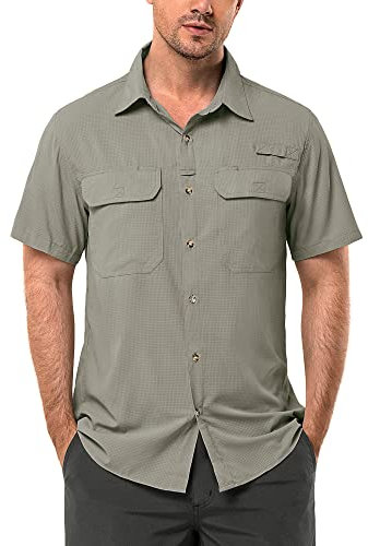 33,000ft Men's UPF 50+ UV Protection Short Sleeved Shirts Quick Dry Button Down Shirts Cooling Hiking Shirt for Travel Safari Fishing Grey Green L