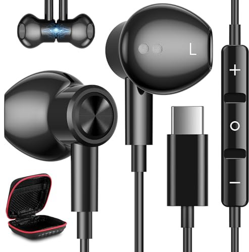 USB C Headphones for Samsung S24+ S25 Ultra 23, Type C Earphones with Microphone Magnetic Volume Control HiFi Stereo Wired Earbuds for Galaxy A53 S21 S20 FE Flip 6 5 Fold 4 Pixel 10 9 8 7 Pro 6