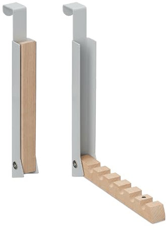Relaxdays 4 x Klapphaken, zum Einhängen, Türgarderobe für je 6 Kleiderbügel, Metall und Holz, Haken für 2 cm Türfalz, grau