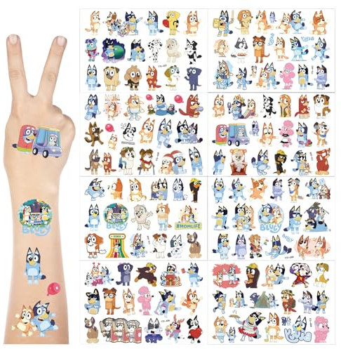 8 Bögen Bluey Temporärer Kindertattoos, Bluey Tattoo Aufkleber Sticker Kinder Jungen Mädchen, Hund Geburtstagsdeko Mitgebsel Kindergeburtstag gastgeschenke Geburtstag Deko
