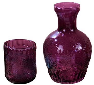 Colorful Bedside Water Carafe and Glass Set Vintage Water Carafe with Cup for Nightstand Glass Mouthwash Decanter Water Carafe Pitcher Set for Lemonade Cold Water Juice Milk Iced Tea(Purple)