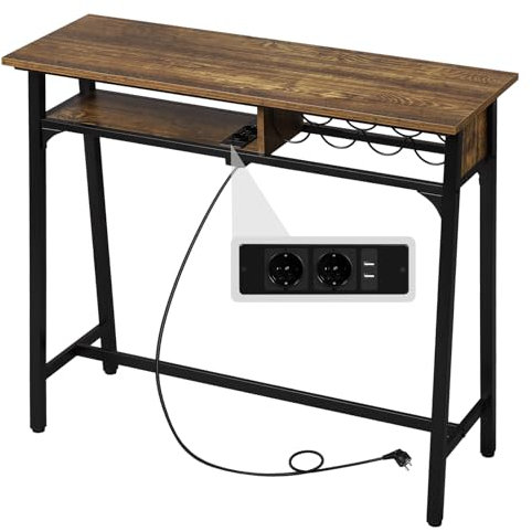 WOLTU Stehtisch Bartisch mit Ladefunktion, Konsolentisch mit Steckdosen 2 USB-Anschlüssen, Küchentisch mit Weinregal Regal, für Bar Küche Wohnzimmer, 110x40x94 cm, Vintage Holzoptik