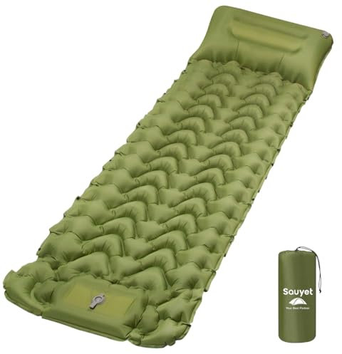Sauyet Self Inflating Camping Mat, Inflatable Sleeping Mat with Pillow Built-in Foot Pump 10cm Thick Inflatable Camping Mattress for Hiking Travel Beach Outdoor (Green)