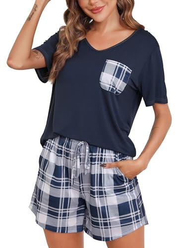 Sopesil Pyjama Femme Ete Manches Courtes Respirant Modal Ensemble de Pyjama Doux et Confortables avec Impression Bas de Pyjama Femmes,M,Bleu Marine