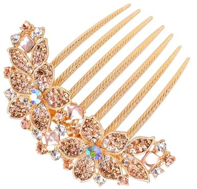 Damen Haarkamm mit eingelegten Blumen und Strasssteinen, Braut Haarschmuck Haare Seitenkamm für Mädchen Geschenk (Sekt)