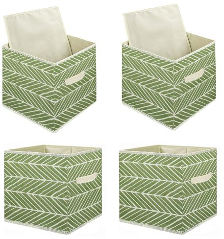 Holdfiturn 4Pcs Cube Storage Boxes 28x28x28cm Foldable Kallax Storage Cubes with Handles Collapsible Baskets Toy Bins Fabric Organisiers Containers for Kallax Unit Shelf (Light Green)