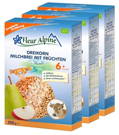 FLEUR ALPINE Bio Baby Dreikornbrei mit Früchten - Milchbrei für köstliches Frühstück, Nahrhafter & einfach zuzubereitender glutenfreier Brei, Babynahrung nach dem 6+ Mon. ohne Zuckerzusatz, 3x5 Port.