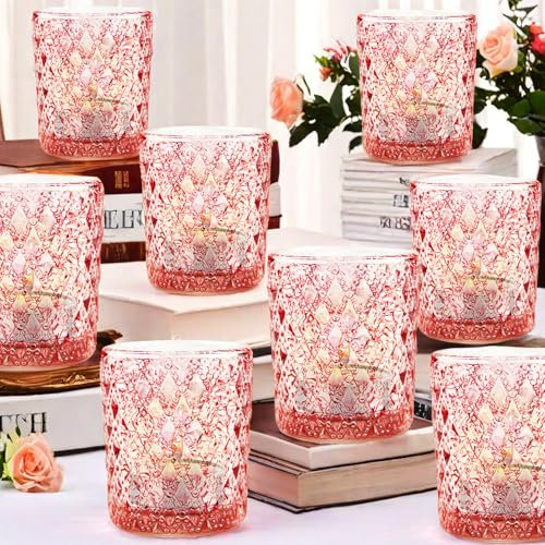 12 Pcs Bougeoirs En Verre, Photophores Votives En Verre, Verres À Bougie Chauffe-Plat, Photophore Verre Rond, Photophore Bougeoir En Verre, Contenant Pour Bougie, Pour Mariage Anniversaire Fête (Rose)