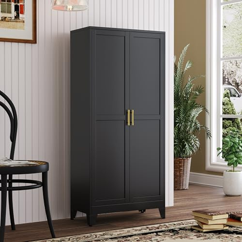 PAOFIN Metal Kitchen Pantry Storage Cabinet with 2 Doors and 3 Adjustable Shelves,Pantry Cabinet with Adjustable Leveling Foot for Kitchen, Living Room, Dining Room(Black)