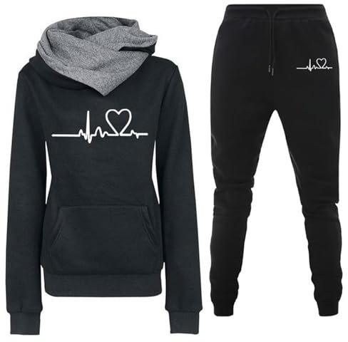 Donna Tuta Sportiva Set Stampa Forma di Cuore Maniche Lunghe Felpa con Cappuccio e Jogging Pantaloni Invernale Abbigliamento Cotone Elegante Fitness Completo Sportivo Tuta Ginnastica 2 Pezzi Curvy