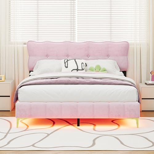 SUKY Letto matrimoniale imbottito, letto per ragazzi con luci a LED con schienale con rete a doghe, tessuto di velluto, piedini alti in metallo (rosa, 160 x 200 cm)