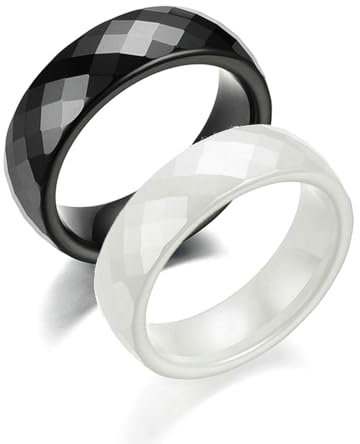 Beydodo Partnerringe Keramik mit Gravur, Paar Ringe Set 6MM Raute Verlobungsringe für Sie und Ihn Weiß Gr.57 (18.1) + Schwarz Gr.63 (20.1)