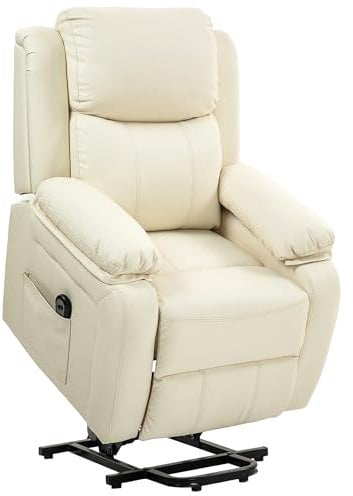 HOMCOM Poltrona Elettrica Alzapersona Reclinabile 160°, Poltrona Relax Elettrica in Pelle PU con Telecomando, Poggiapiedi e 2 Tasche Laterali per Soggiorno, Bianco Crema