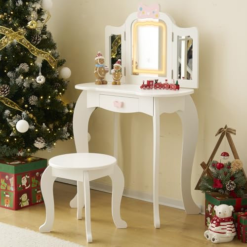 LALAHO Schminktisch Kinder mit Hocker LED-Licht Frisiertisch Kinderschminktisch für Mädchen Frisierkommode mit Schublade (Weiß)