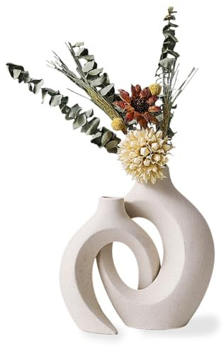 YENTAKE Keramische Vase, 2er Set Beige Moderne Dekorative Vase, Vasen Matt Deko für Pampasgras, Blume und Getrocknete Blume, Weiße Blumenvasen aus Keramik für Wohnungsdeko, Büro, Hochzeits