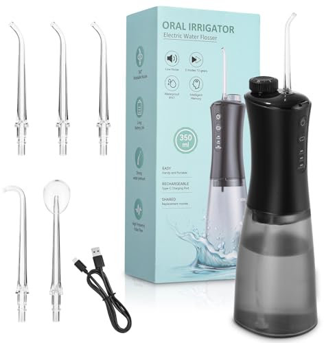 Portable Water Flosser,Hydropulseur pour dents sans fil,Jet d'eau à 12 Vitesses Pour Appareils Dentaires Avec Réservoir D'eau de 350 ml et 5 Embouts De jet Pour Voyage et Usage Domestique