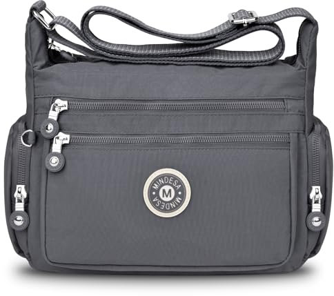 JUYANO Umhängetasche Damen Groß Wasserdicht Crossbody Bag, Nylon Mittelgroß Handtaschen Damen Leichte Tasche mit Vielen Fächern Verstellbarer Breiter Gurt für Ausgehen Reisen Arbeit(Grau)