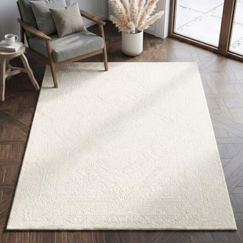 VIMODA Teppich Wohnzimmer Teppich Schlafzimmer, Flur, küche Kurzflor Orient Design Vintage Hoch-Tief-Effekt Modern 3D Weich,Farbe:Creme;Maße:80 x 300 cm