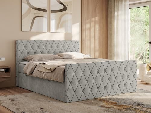 MKS MEBLE Boxspringbett 160x200 cm Miren Duo – Bett mit Bettkasten & Kopfteil, Ziernähte/Steppung – 2× 7-Zonen Taschenfederkern Matratze H3 mit Topper T25 – Hellgrau Strukture