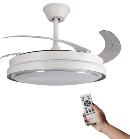 M mimotec - Ventilador de Techo con luz Led White Hood Star, Mando a Distancia, Motor DC, 6 velocidades, Silencioso, Aspas retráctiles, función verano-invierno, temporizador, CCT