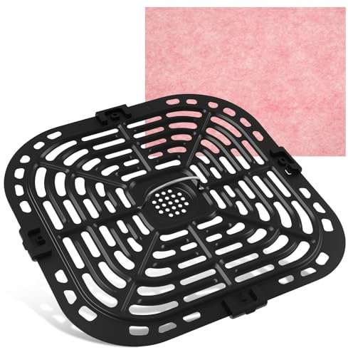 Ersatz Grillpfanne Heißluftfritteuse 25cm, Air Fryer Grillplatte Quadrat Hitzebeständig mit Gummi Eckschutz, Griff, Lappen, Air Fryer Grillplatte für Heißluftfritteuse