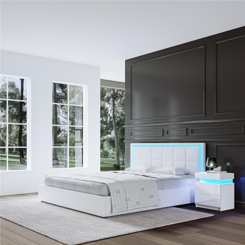 King Size Bed Frame with Storage, Gas Lift Ottoman Bed, 5FT Bed with LED Lights, Wooden Headboard, Faux Leather (White, King 5FT – No Mattress)