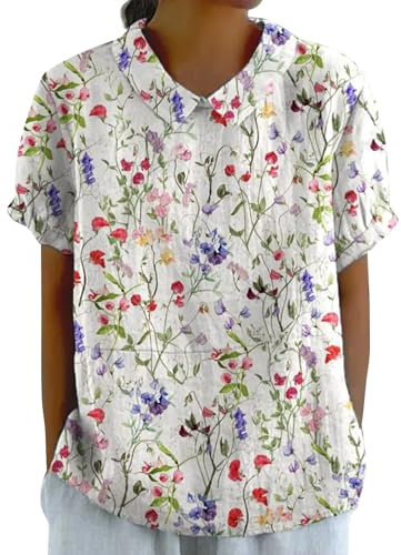 Hrjxfpt Linen Tops for Women UK Long Hawaiian Spring Suits Womens Clothes Clearance Womens Summer Tops Lapel Retro Striped Back Button Gifts Loose Top Casual Shirt T-Shirts (01-L-Hot Pink, L)