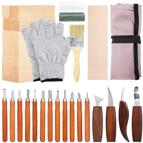 30-Piece Wood Carving Tool Kit, Professional Whittling Set With Detail Carvers, Cutter, Whetstone, Polishing Wax, Gloves & Unfinished Wood Blocks