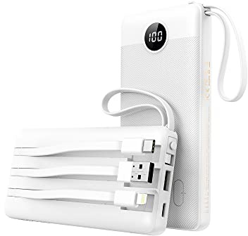 VEEKTOMX Power Bank Built-in Cables, 10000mAh USB C Portable Charger, Travel External Battery Pack with 5 Outputs and LED Display for iPhone, iPad, Samsung and Other Smart Devices, Ivory White