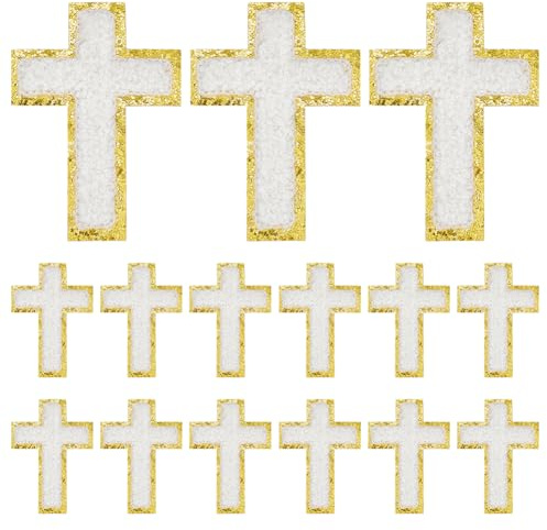 HOBBIESAY 15Stück Chenille Kreuz Applikationen Dekorative Goldene Bordüre Kreuz Patches Bügelkreuze Reparaturpatches Nähpatch Weiß Mit Goldrand Für Stoff Nähen DIY Zubehör 5,8 x 8,1 cm