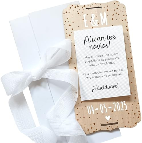 nagu® Hochzeit personalisierte Karte aus Holz – Geschenk für Brautpaar zur Hochzeit oder als Geldgeschenk, mit Schleife, Umschlag, Ständer und Buchstaben