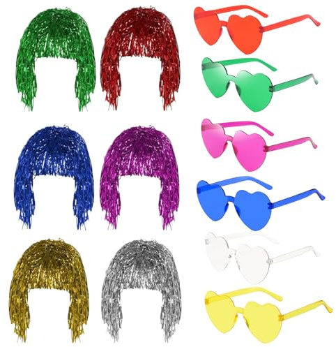 GWAWG Tinsel Wig,6PCS Métallique Brillant Perruque et lunettes néon,Coloré Guirlande Perruque pour Noël Halloween Soirée Célibataire Cosplay