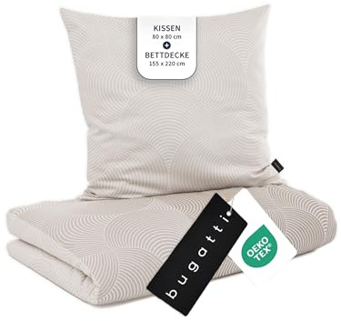 bugatti Bettwäsche 155 x 220 cm - 100% Baumwolle, 2 teilig mit Reißverschluss, anschmiegsam, weich & waschbar, Mako Satinbettwäsche gestreift Natur
