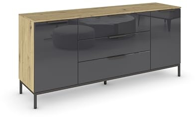 Rauch Möbel Flipp, Kommode, Farbe Glas Basalt/Eiche Artisan, Breite 160 cm | Sideboard, 2-türig, 3 Schubladen, Glasfront, Soft-Close, Griffe, Metallkufe Graphit für Schlafzimmer, Gästezimmer, Wohnzimmer