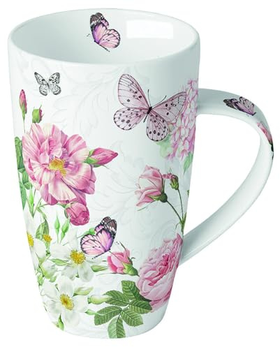 Ambiente XXL Jumbotasse Kaffee/Tee große Porzellantasse Henkelbecher 600 ml Rosengarten Rosen in zarten Farben Ganzjahresmotiv Fine Bone China serie Amelia