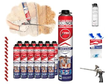 POLYNOR Isolation thermique PUR en bombe PRO - Kit complet 28 pièces - 12 mousses - Pistolet à mousse - Isolation thermique par pulvérisation - Isolation des murs, toitures, plafonds - Aérosol 750 ml