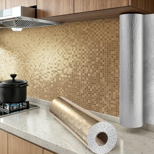 2Roll Rose Gold Glitter Mosaic Self Adhesive Wallpaper Peel and Stick Wallpaper For Kitchen Bathroom 2.2mm Thick Sticky Back Plastic Vinyl Removable Thermal Waterproof Insulating Wall Paper Roll