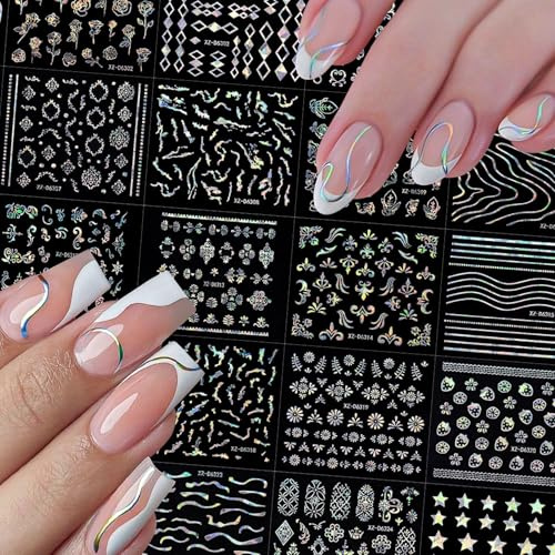 30 Sheets Nail Stickers Nail Art Stickers, 3D Self-Adhesive Star & Moon Nail Stickers for Nail Art, Aurora Silver Star Line Nail Decals for Women & Girls DIY Manicure Decoration