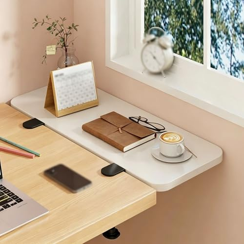 Vibeo Clamp on Desk Tabletop Extender Folding, No Drill Window Sill Extender Shelf Indoor, Long Heavy Duty Extension Storage Panel for Kitchen, Bathroom(White,50x25 cm (19.7x10 in))