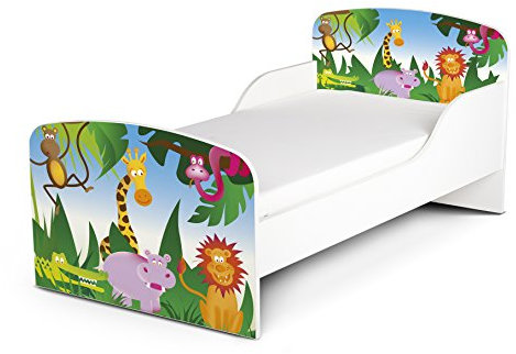 Leomark Funktionsbett aus Holz - Dschungel Tiere II - Kinderbett mit Matratze, Holzbett mit Seitenschutz Lattenrost, Komplett Set für Kinder, Liegefläche 70/140 cm