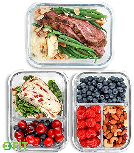 FIT Strong & Healthy 1 & 2 & 3 Compartment Glass Meal Prep Containers (3 Pack, 1000 ML) - Food Containers | Glass Lunch Containers | Food Prep Containers | Bento Box | Reusable Dishes