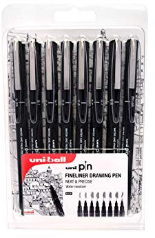 uni-ball PIN 153544970 8-tlg. feiner Liner Zeichnung Stif, wasserbeständige und lichtbeständige schwarze Tinte, Federgrößen (0,03, 0,1, 0,4, 0,5, 0,6, 0,7, 0,8, schwarzer Pinsel)