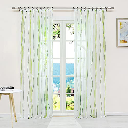 ESLIR Gardinen mit Kräuselband Vorhänge Gardinenschals Transparent Schlaufenschal Wellen Muster Voile Grün BxH 140x225cm 1 Stück