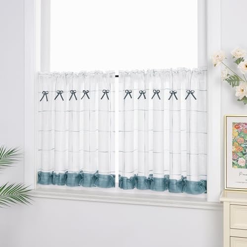 Yujiao Mao 1 Stück Pastorale Art Scheibengardine Leinen-Garn Bistrogardine Küchengardine Scheibengardine mit Raffhalte, BxH 140x80cm, Petrol mit Schleifen